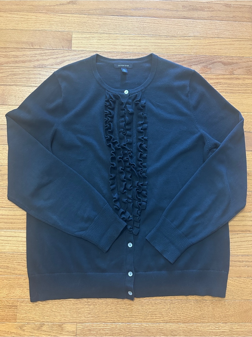 Lands’ End cardigan sweater Women’s Size XL Black ruffle-front Minimalist